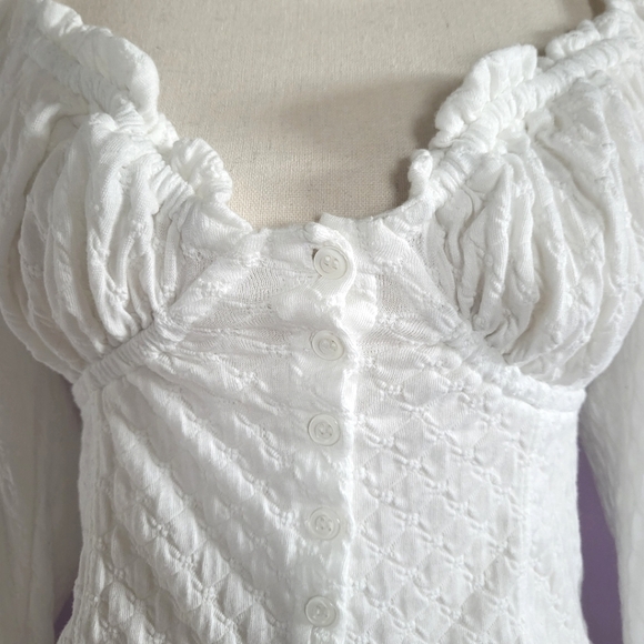 Free People Lady Bug Pointelle Long Sleeve Smocked Sweetheart Milkmaid Crop Top - Picture 5 of 16